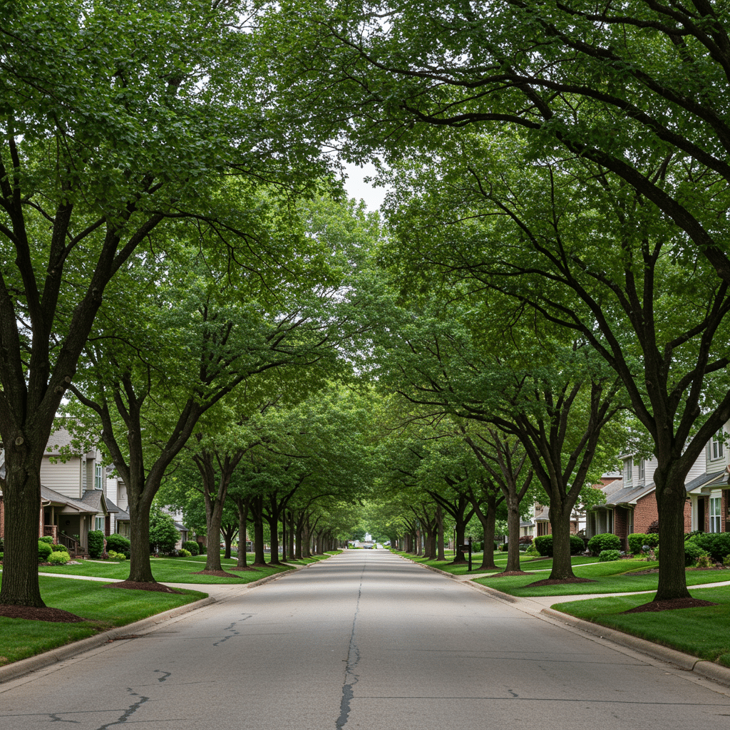 Healthy mature trees with expertly pruned canopies along a quiet residential street in Indianapolis, IN, showcasing ethical tree trimming, planting, and removal near 2213 E 45th St, Indianapolis, IN 46205.
