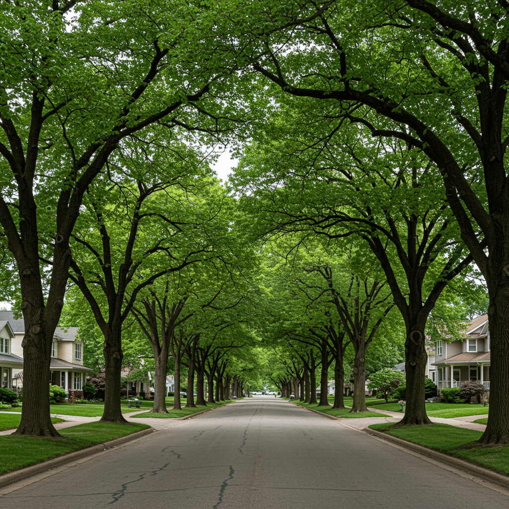 Pristine Indianapolis neighborhood featuring professionally maintained mature trees and lush green lawns, near 2213 E 45th St, Indianapolis, IN, representing ethical tree pruning, trimming, and removal by A Tree's Worth